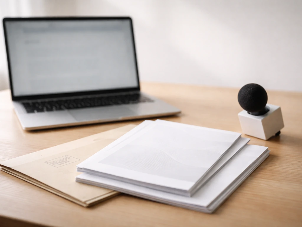 Minimal collage of documents and a laptop showing SEC-style filings, annual reports, and press materials