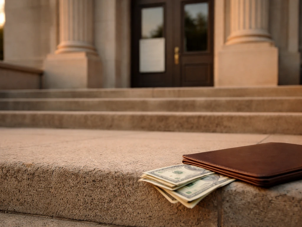 Neutral documentary photo of a courthouse steps entrance and a blurred courthouse placard