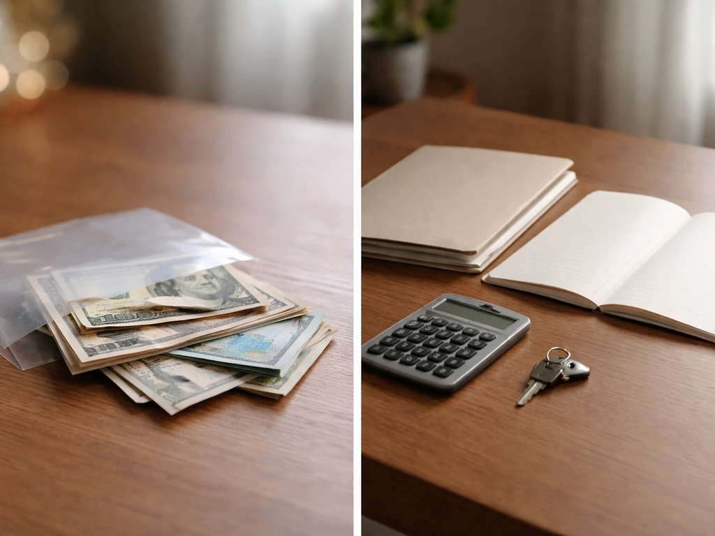 Minimal split photo showing money range concept and factors affecting net worth in an office setting.