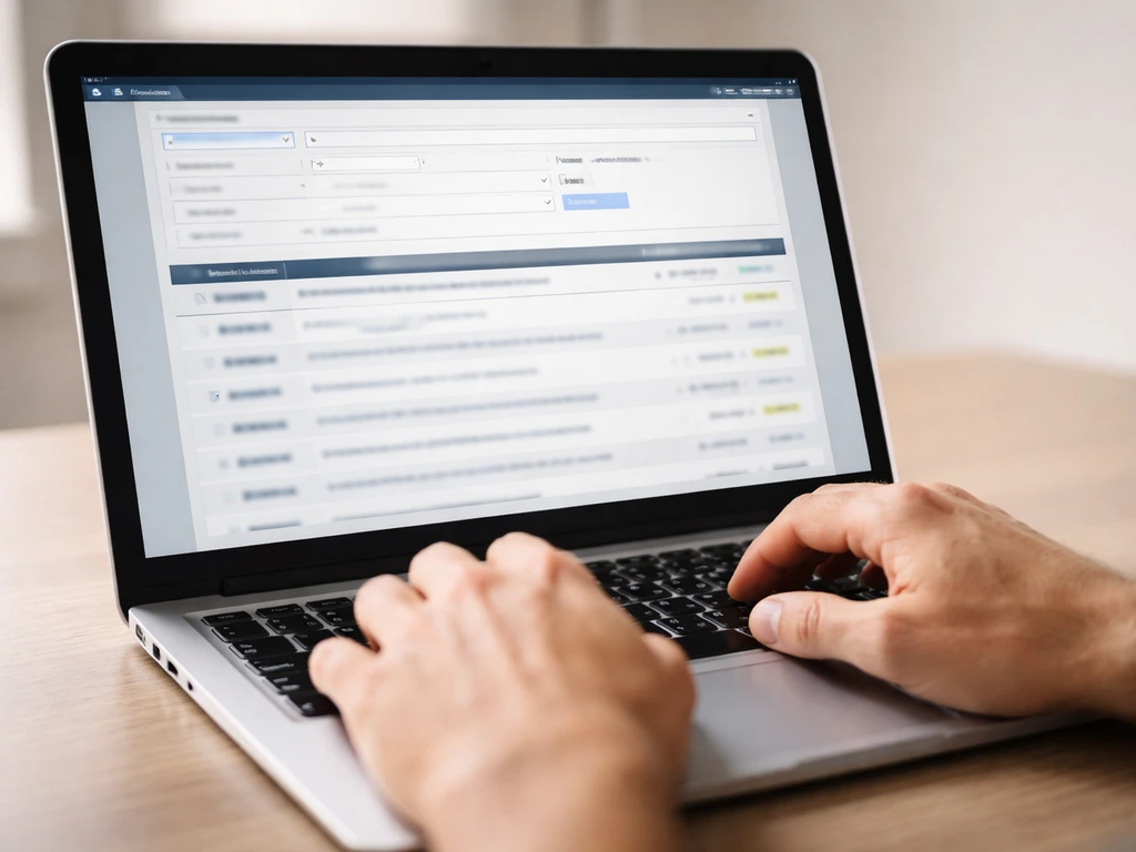 Close-up of hands reviewing a generic court-records interface on a laptop in natural light.
