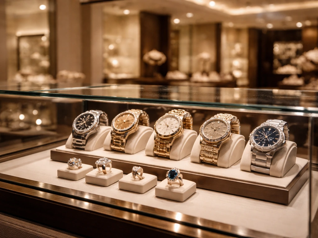 Minimal luxury watch and ring display in an upscale boutique, symbolizing high retail wealth.