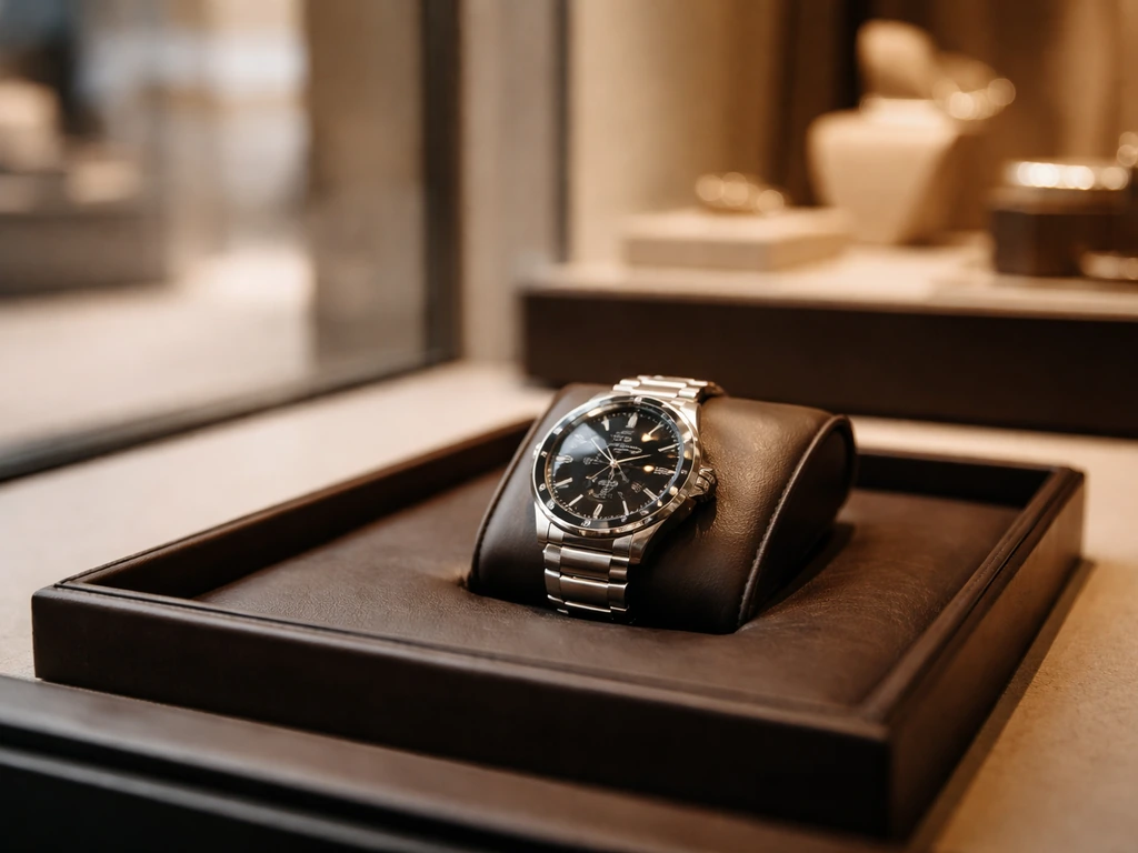 Close-up of a luxury watch on a dark leather tray in a quiet jewelry store setting.