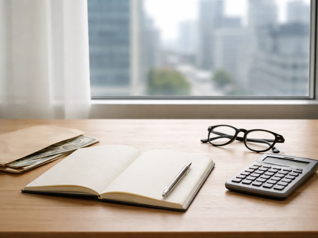 Minimal office scene with a notebook, cash envelope, and calculator symbolizing a net-worth range estimate