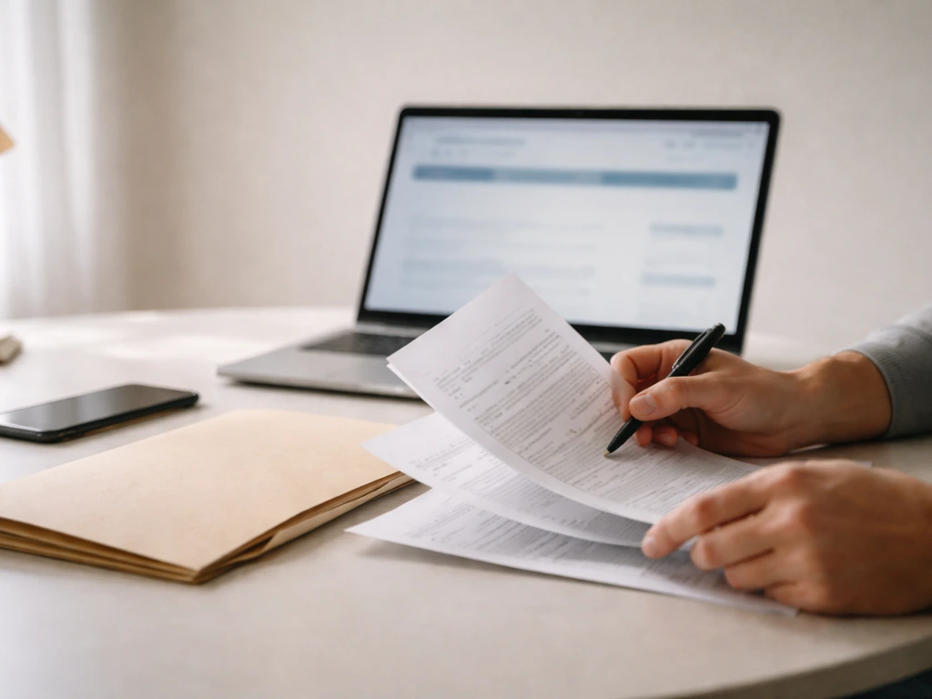 Person at a desk reviewing documents on a laptop with a paper folder and pen, symbolic business verification.