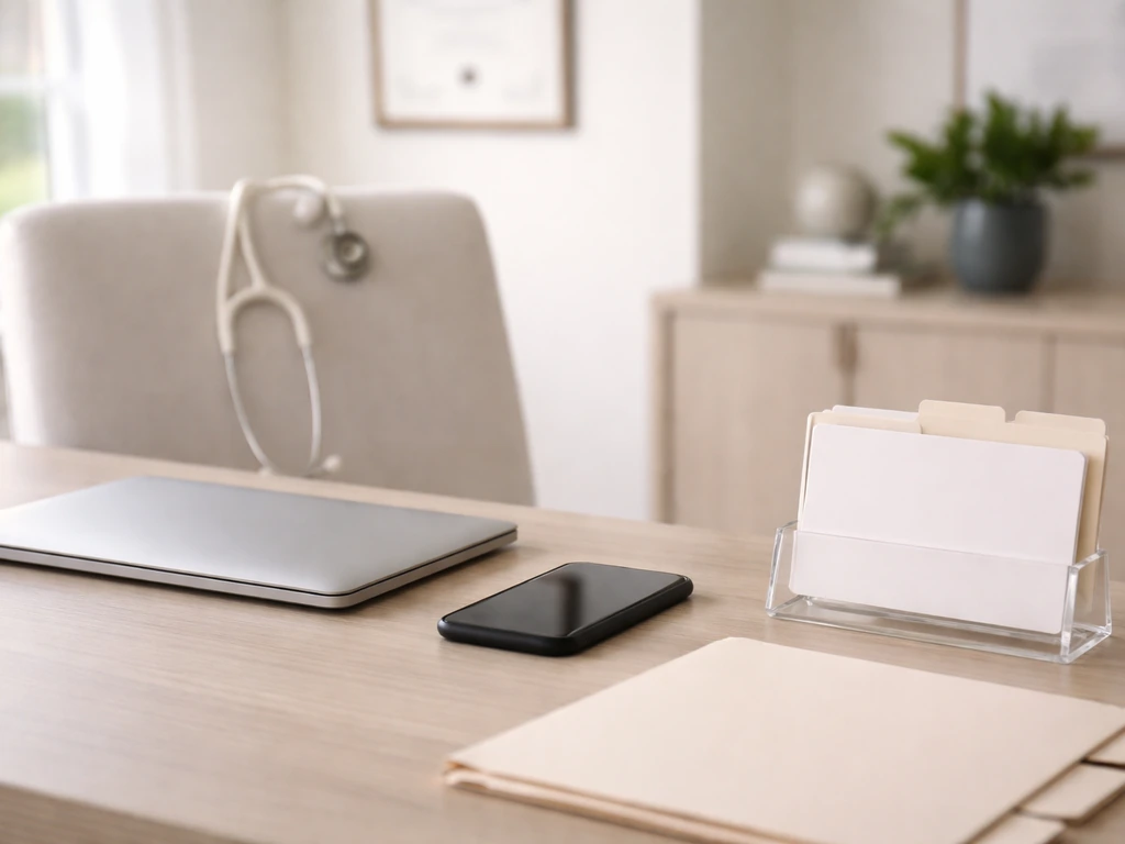 Minimal office desk with phone and laptop, suggesting medical identity verification without showing any person.