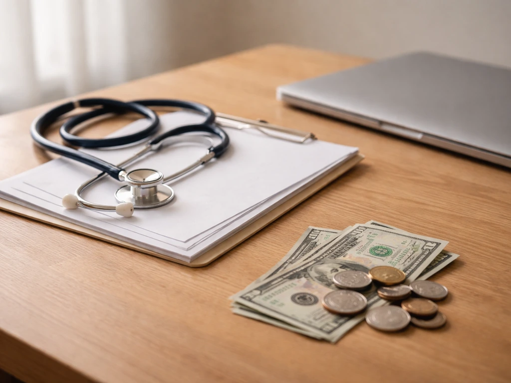 Minimal desk scene with scattered cash, a stethoscope, and a laptop for estimated private-practice net worth context.