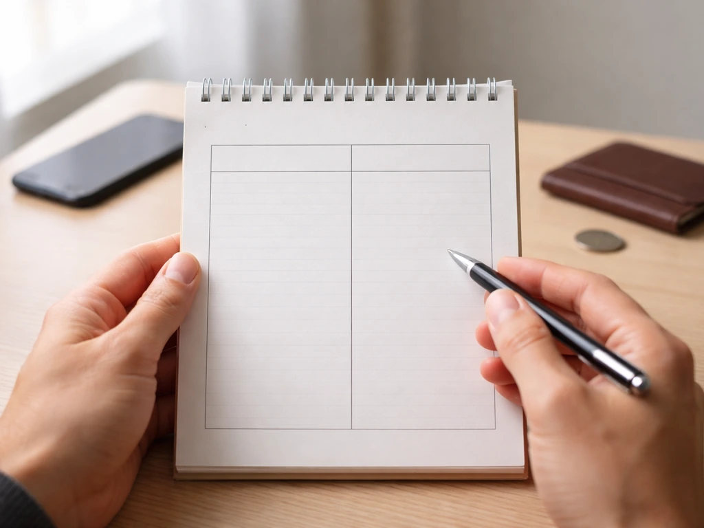 Hands holding a pen over a blank two-column checklist on a desk, symbolizing net worth sanity-checks.