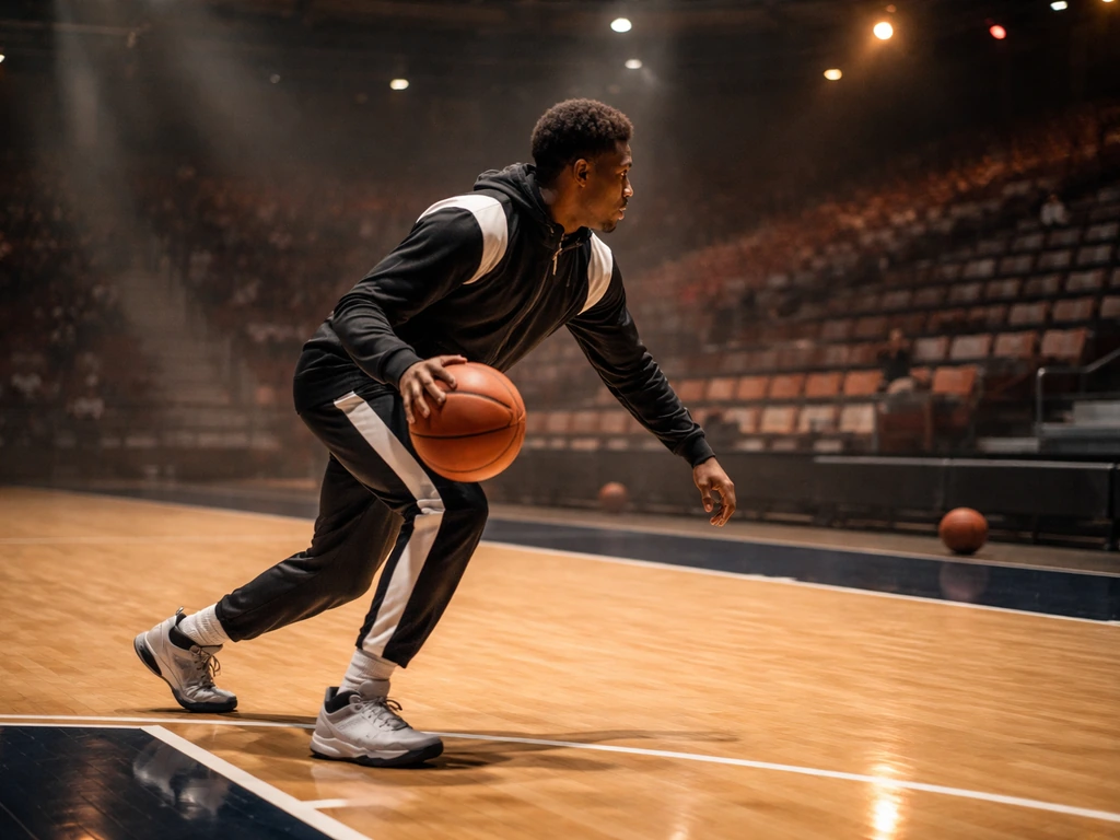 Anonymous basketball entertainer mid-dribble on an indoor court with empty bleachers in the background.