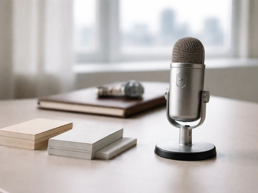 Minimal desk scene with small paper stacks and a microphone, symbolizing net worth calculation inputs.