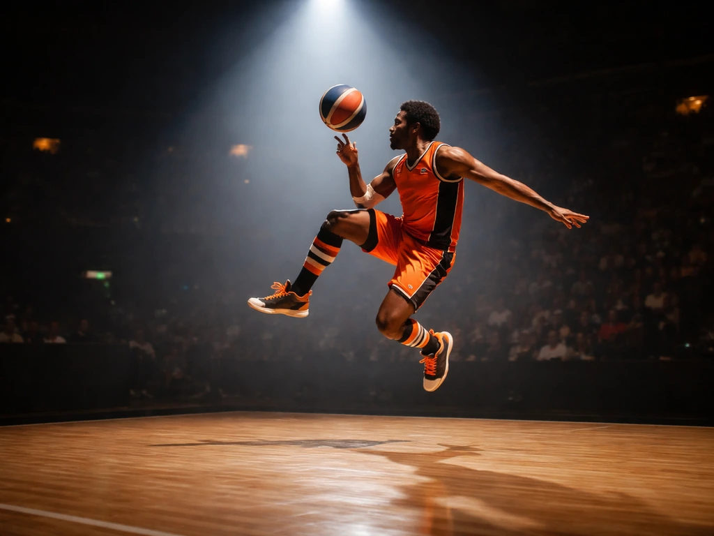 Anonymous basketball performer under a spotlight on an indoor arena court, implying a touring show appearance.