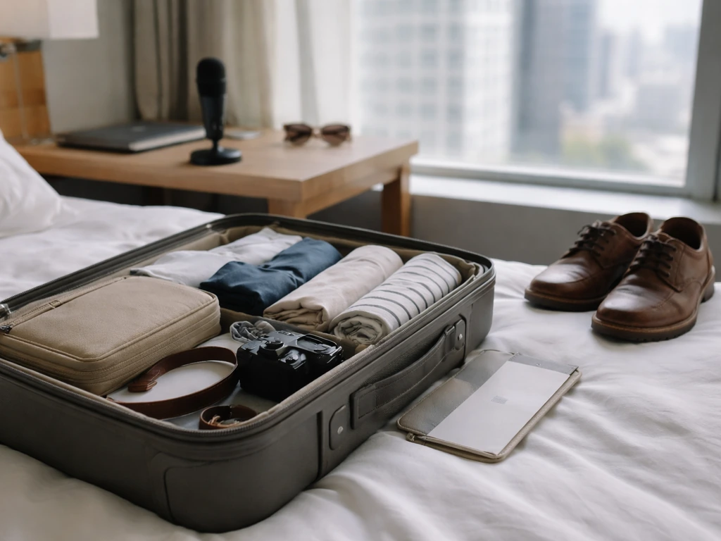 Open suitcase with travel gear and a nearby podcast microphone, suggesting frequent travel and media work.