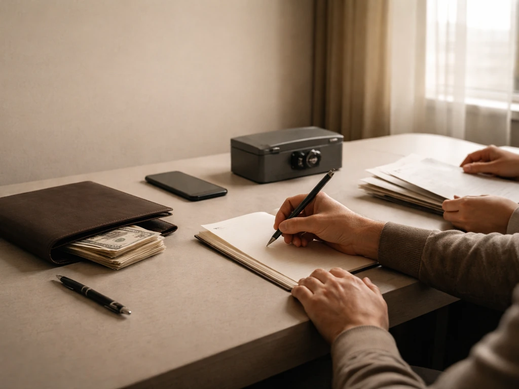 Three-panel style scene showing money, privacy, and aftermath in a minimalist office setting