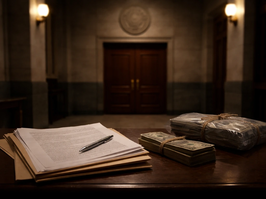Courthouse hallway desk with open legal folder, pen, and sealed evidence bag near money papers.
