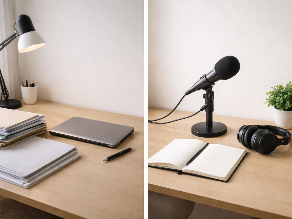 Minimal split-scene showing two business desks—one with files, one with a microphone—symbolizing separate approaches