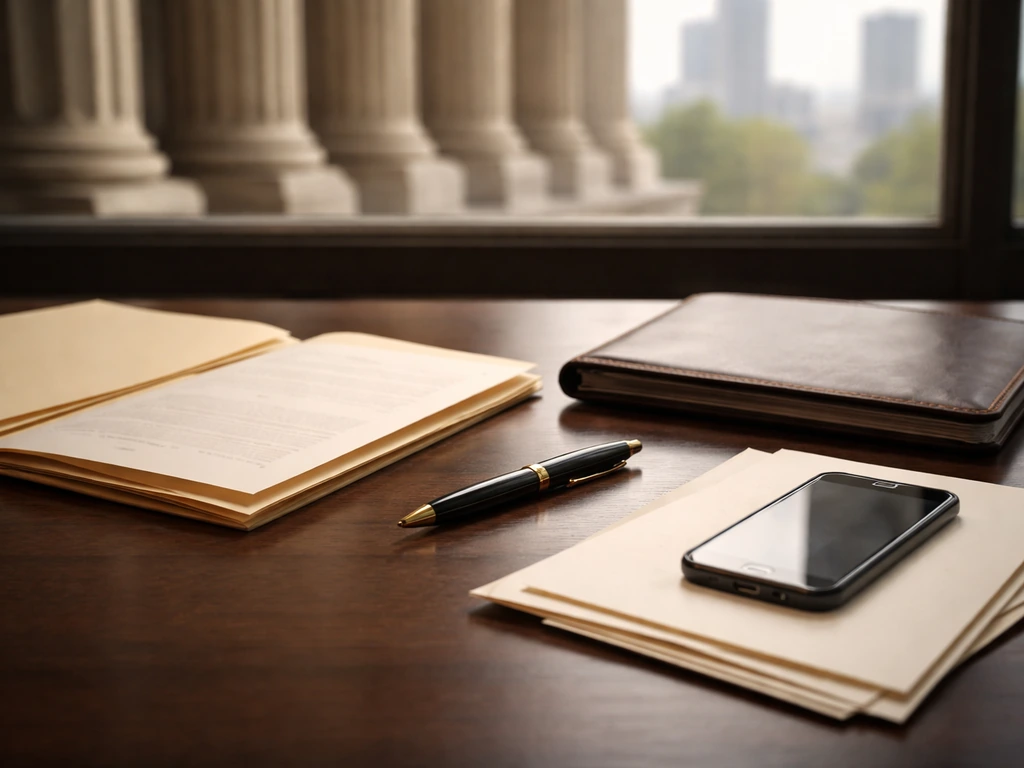 Minimal desk scene with blank legal documents, pen, and smartphone beside a courthouse-like background