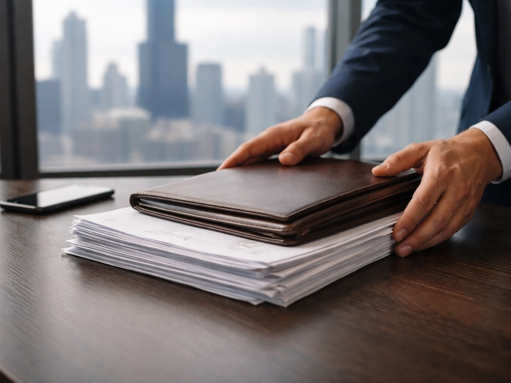 Minimal photo of a businessman reviewing documents at a desk with a city skyline backdrop