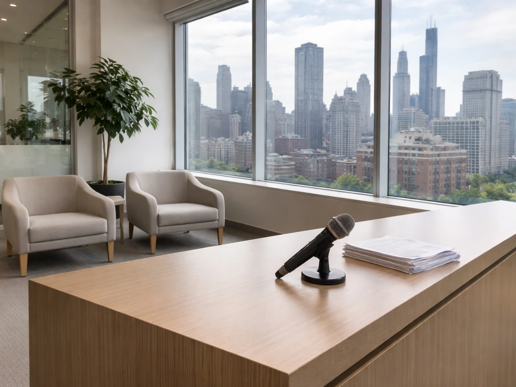 Minimal Chicago office scene with a microphone on a desk and city skyline, no people visible.