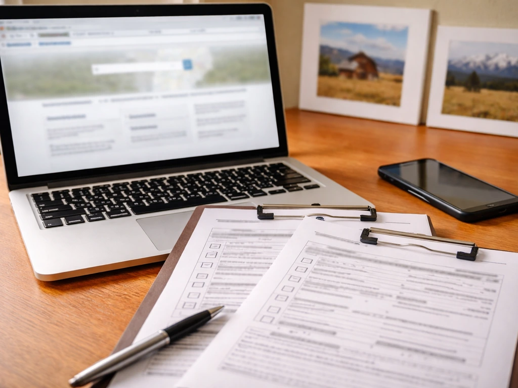 Close-up of an open laptop and blank property record forms, suggesting parcel search evidence.