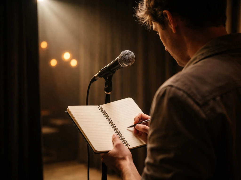 Stand-up performer at a small stage with microphone, warm stage lights, and a comedy notebook