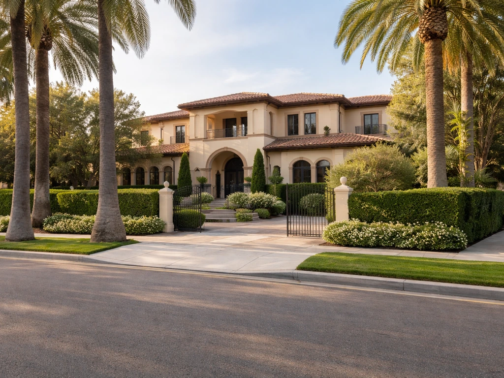 Luxury Mediterranean-style Beverly Hills home exterior viewed from the curb with palms and hedges.