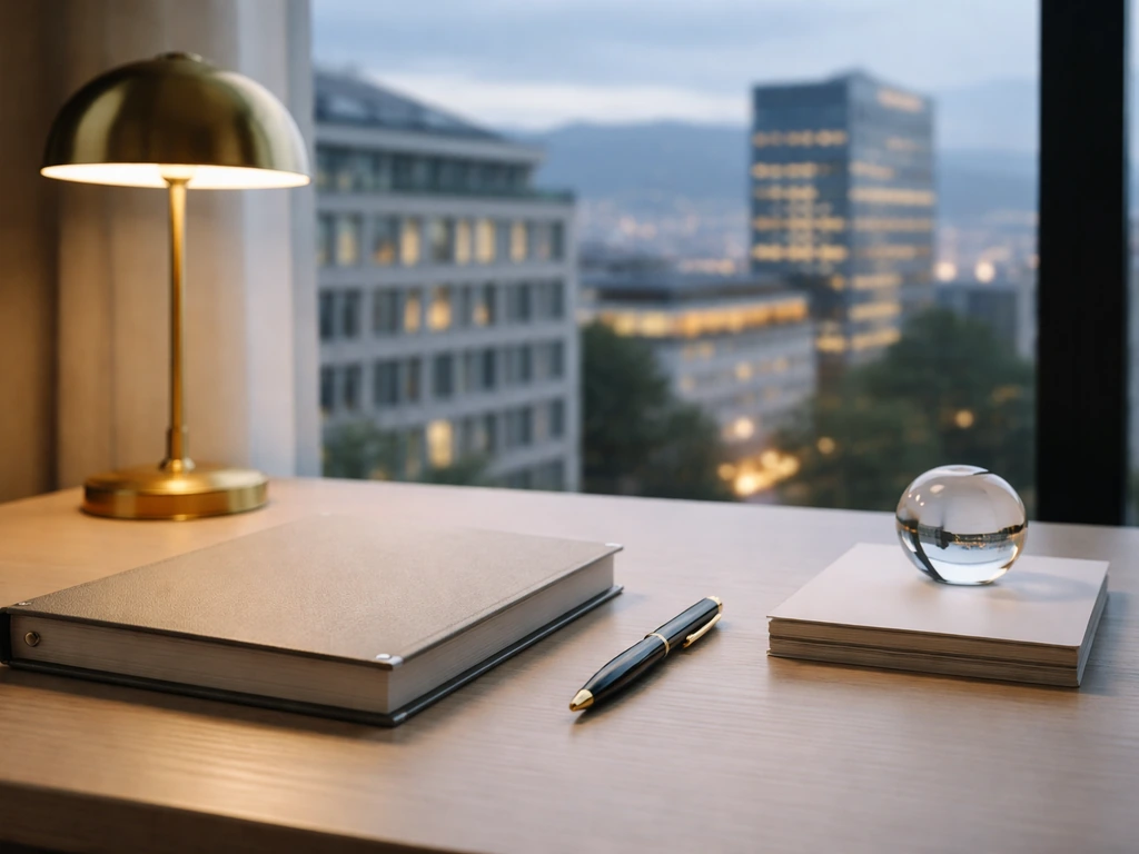 Minimal photo of a Swiss luxury office desk setup symbolizing Maus Frères holding company wealth