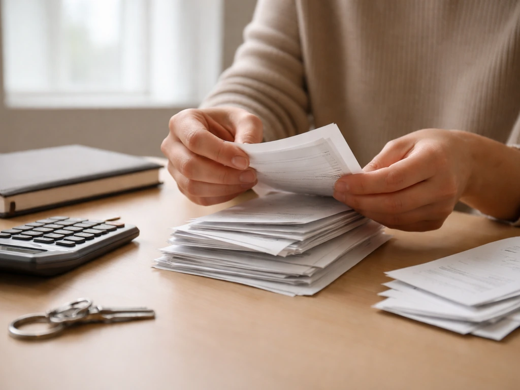 Hands reviewing blank documents and receipts beside a calculator on a simple desk