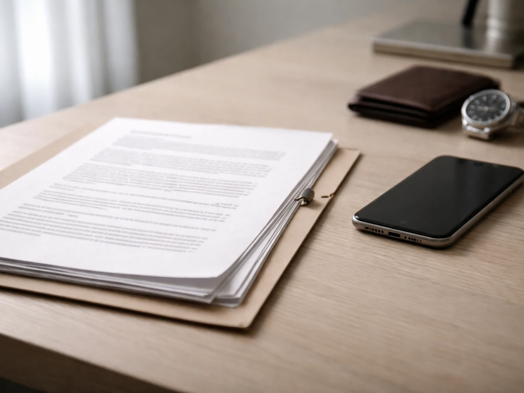Minimal photo of a business desk with corporate documents and a separate luxury item, symbolizing verifiable vs vague si