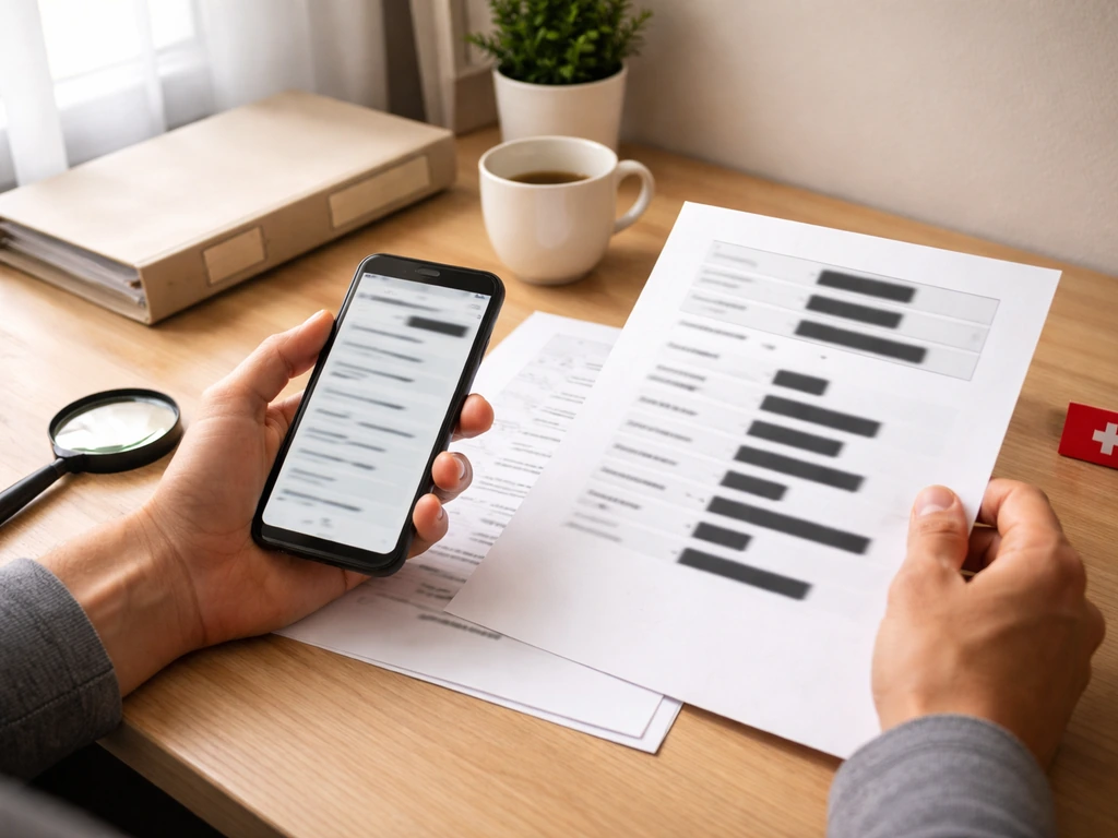 Anonymous hands using a phone and magnifying glass on a blank checklist to verify company details