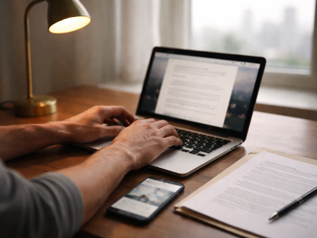 Minimal desk scene with laptop and smartphone showing changing financial documents, suggesting updated estimates.