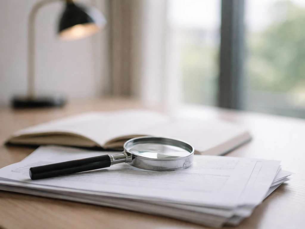 Magnifying glass over blurred documents on a desk, signaling net-worth verification and research.
