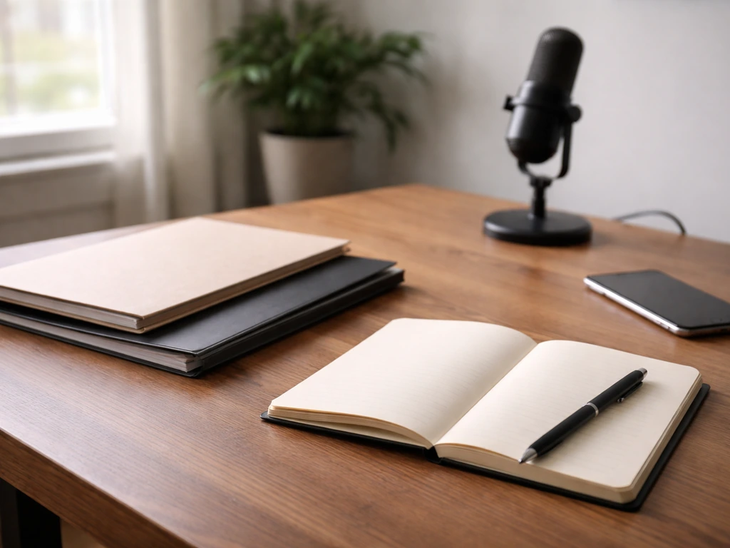 Minimal office desk with folders, blank notebook, pen, and microphone near a window, suggesting profile matching researc