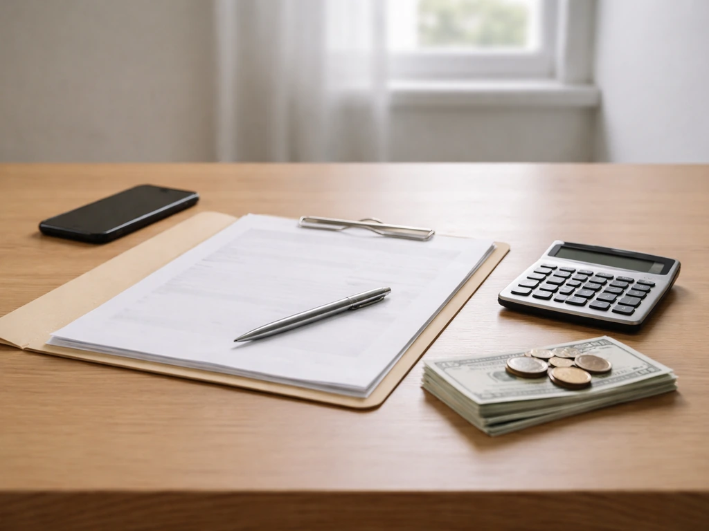 Minimal desk scene with scattered documents, a smartphone, and a calculator symbolizing net-worth estimation inputs.