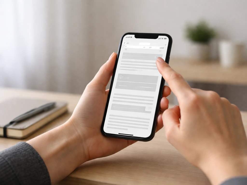 Hands pointing at a smartphone webpage mock with a visible timestamp on a simple desk office scene.