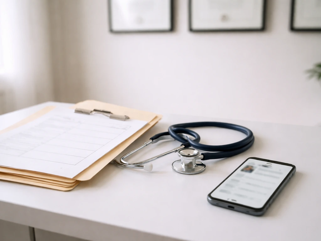 Minimal desk scene with a medical folder and phone, suggesting a surgeon directory/profile identity