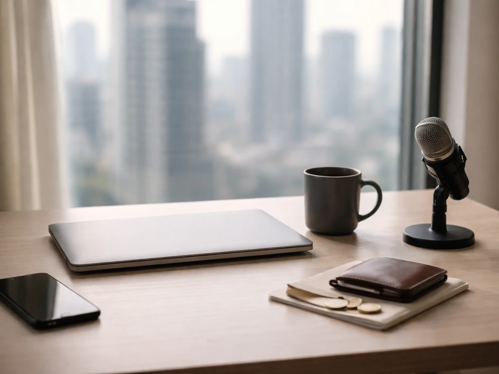 Minimal finance and media desk scene symbolizing net worth estimate drivers without text or charts.