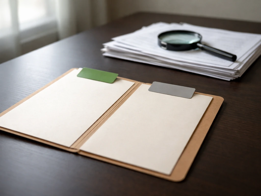 Clipboard with green and gray tabs, papers, and a magnifying glass on a desk indicating verification vs speculation