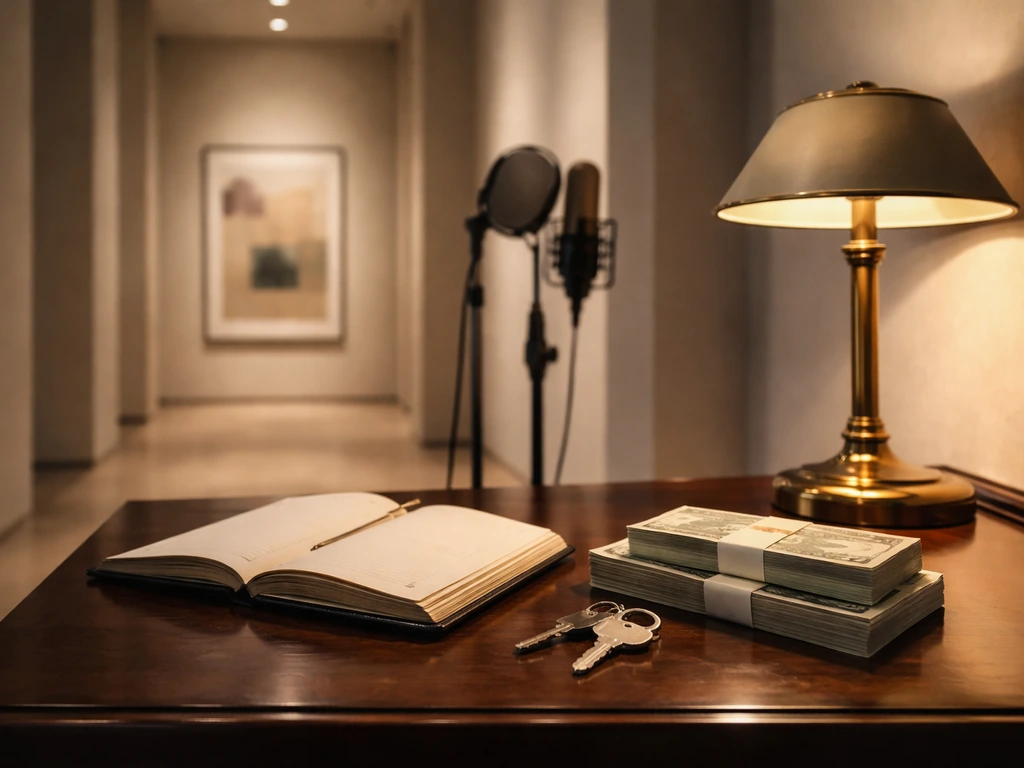Elegant gallery corridor merging with a luxury desk scene showing wealth and media-analysis cues.