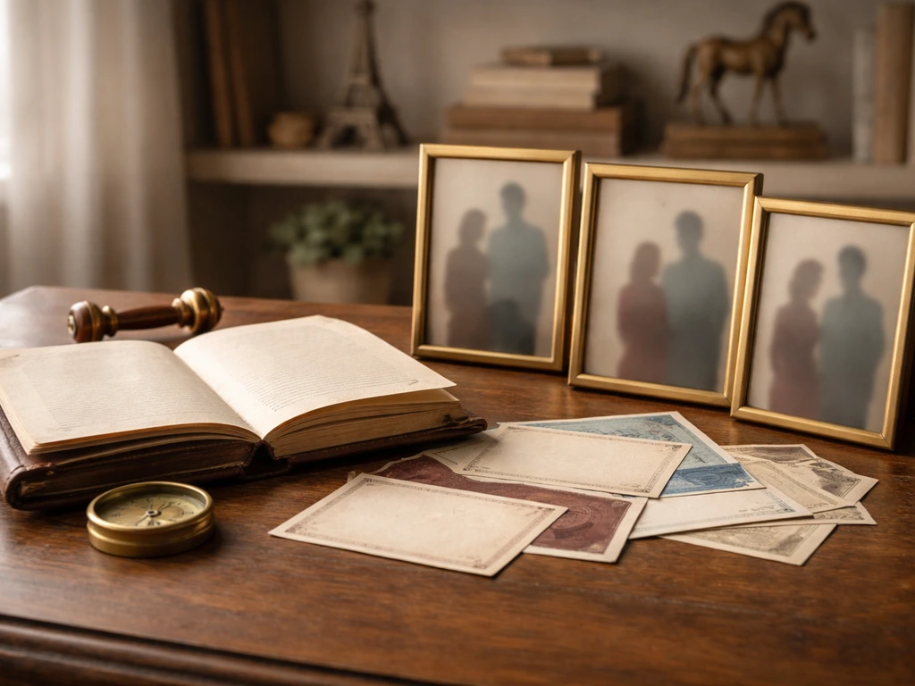 Tabletop still life with a vintage book, compass, wax seal, and blank postcard frames implying generations.