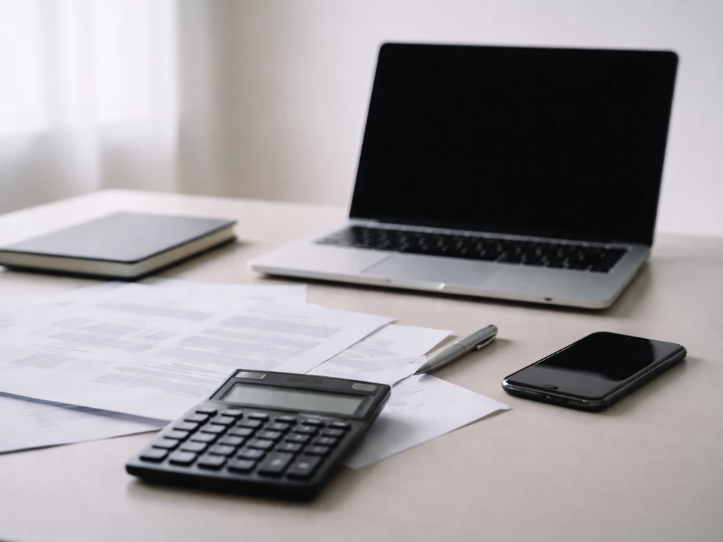 Desk with laptop, calculator, and scattered documents symbolizing the net worth estimate workflow