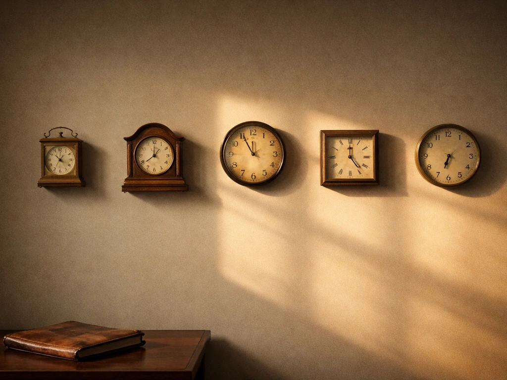 Minimal wall with a row of vintage clocks and a soft timeline-like progression of light across decades.