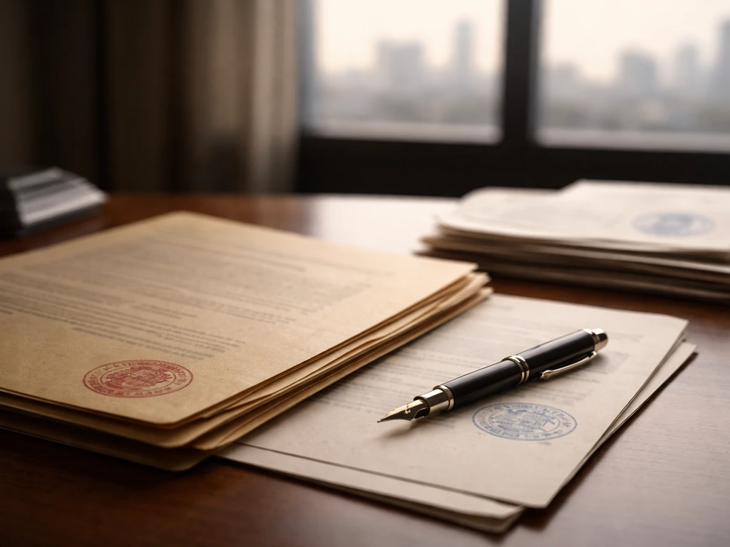 Close-up of stamped legal documents and pen on a desk with a softly blurred city skyline behind