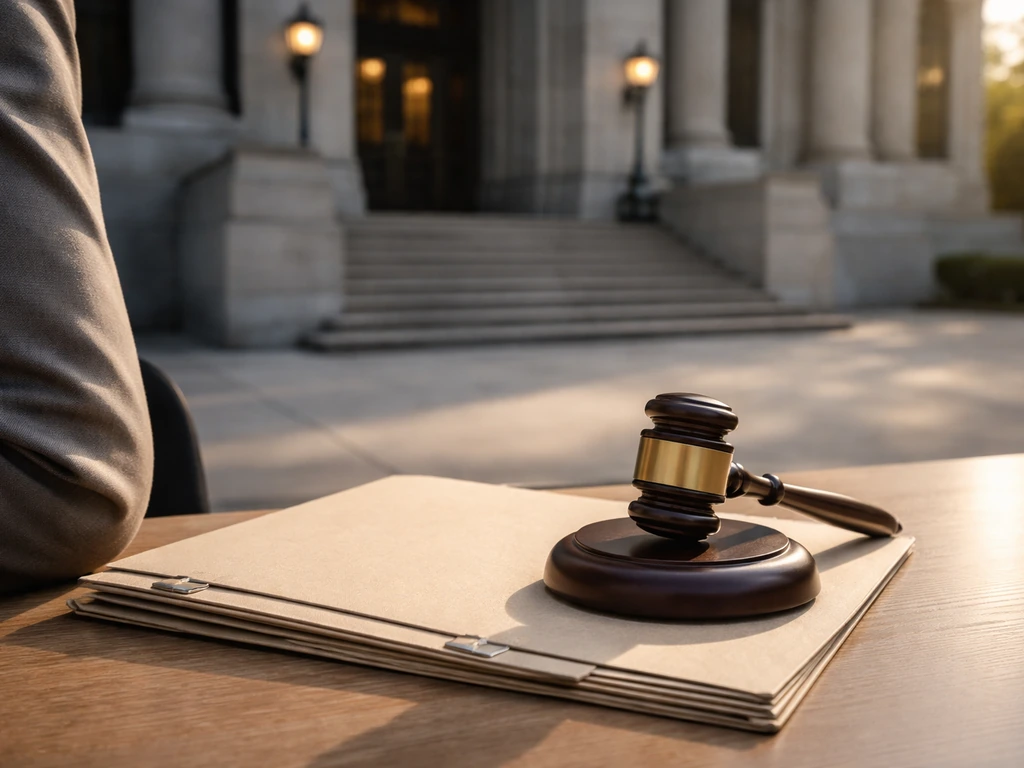Minimal scene of a courthouse entrance with a legal case folder and gavel, symbolizing clawback proceedings