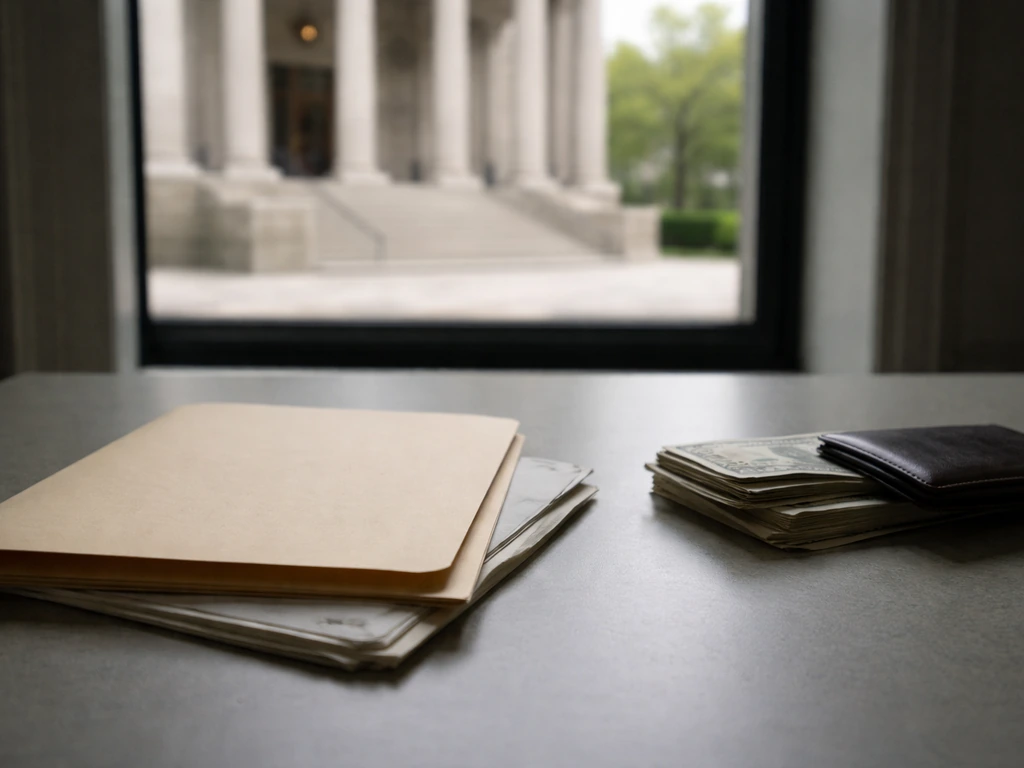 Empty courthouse steps in soft light with a blurred hint of money and a custody-style folder on a desk
