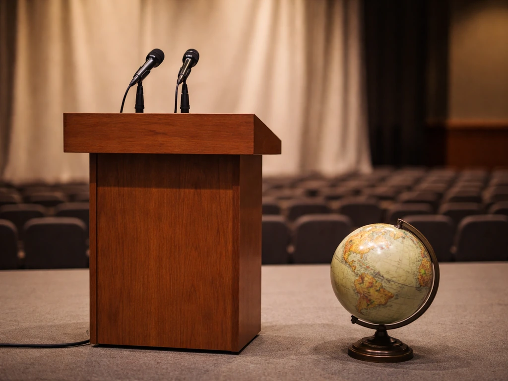 Lonely Planet co-founder symbolism: empty speaking podium with microphones and travel-themed globe in soft light