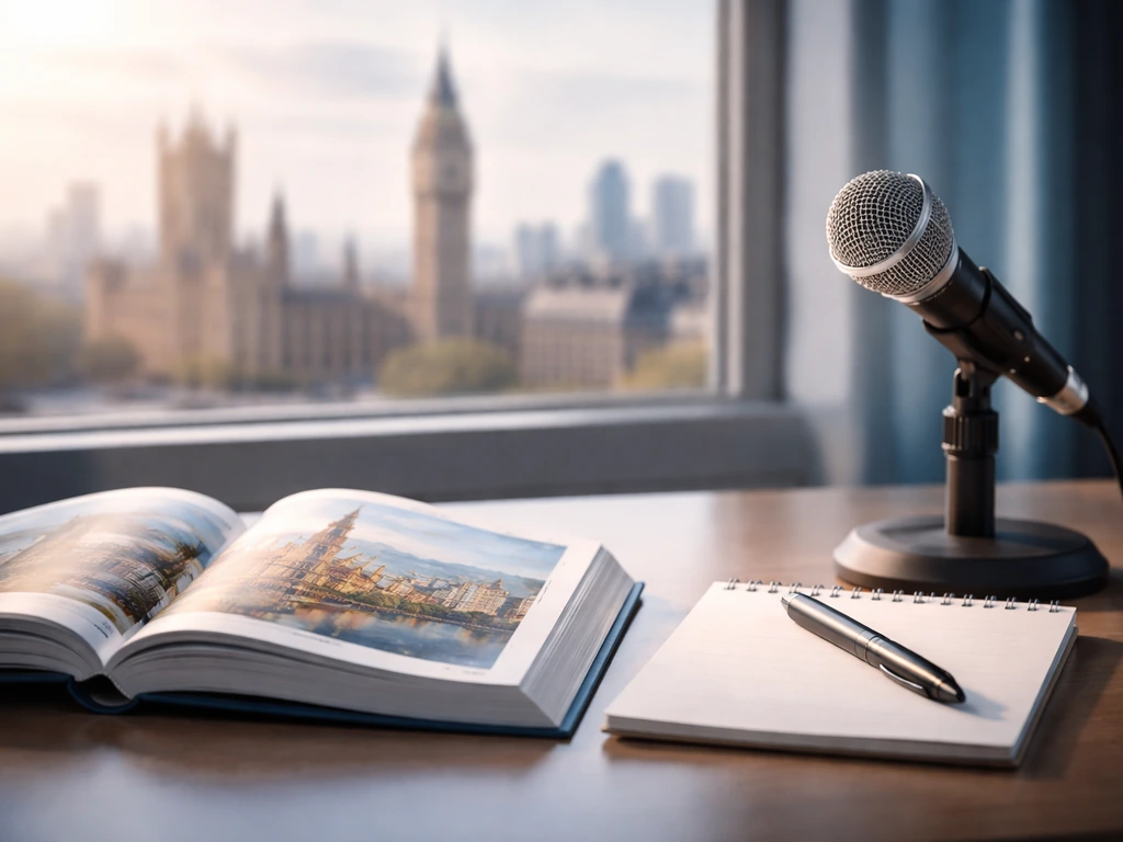Open travel guide book on a desk beside a microphone, with a blurred city skyline through a window.