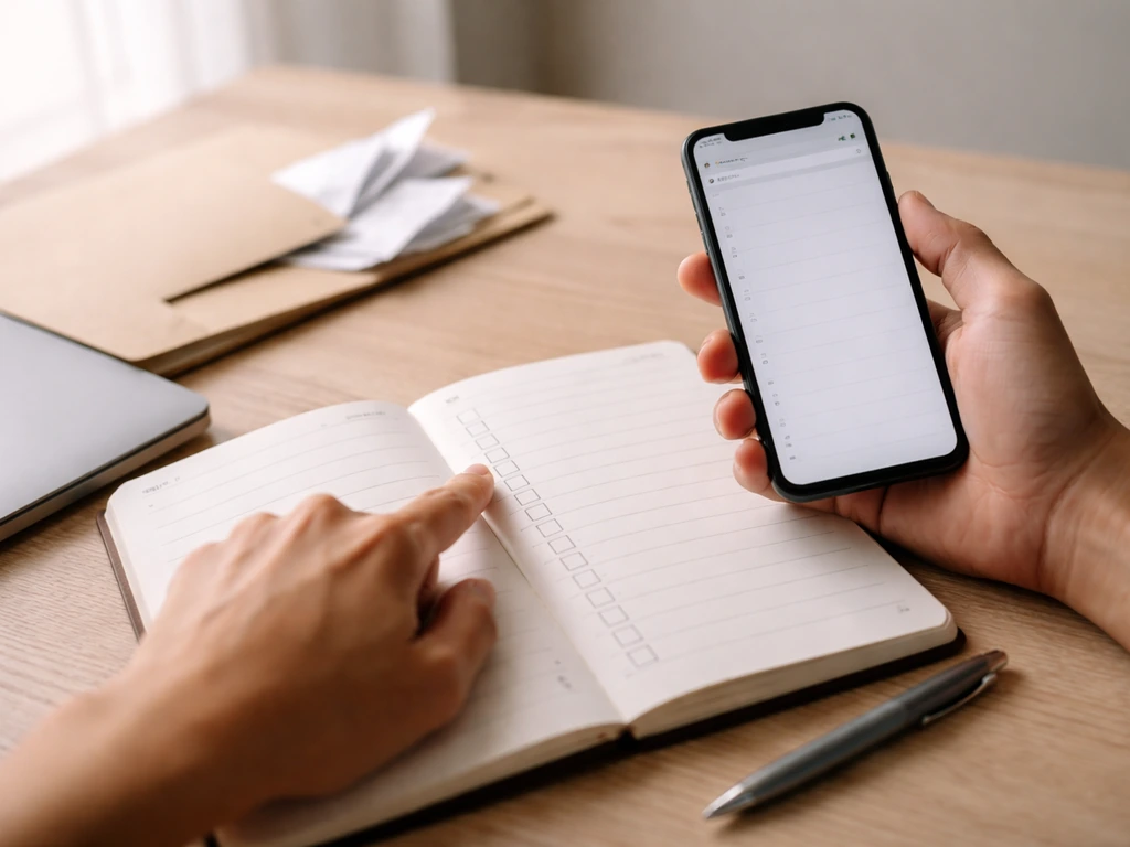 Hands reviewing a blank ledger and smartphone while checking finance records on a tidy desk.