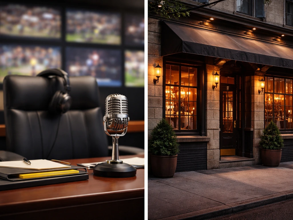 Split scene showing an anonymous sports-media office and an anonymous Peter Luger–style restaurant storefront at dusk.