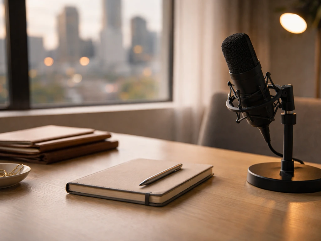 Minimal photo of a quiet office desk with a microphone and subtle financial cues in the background