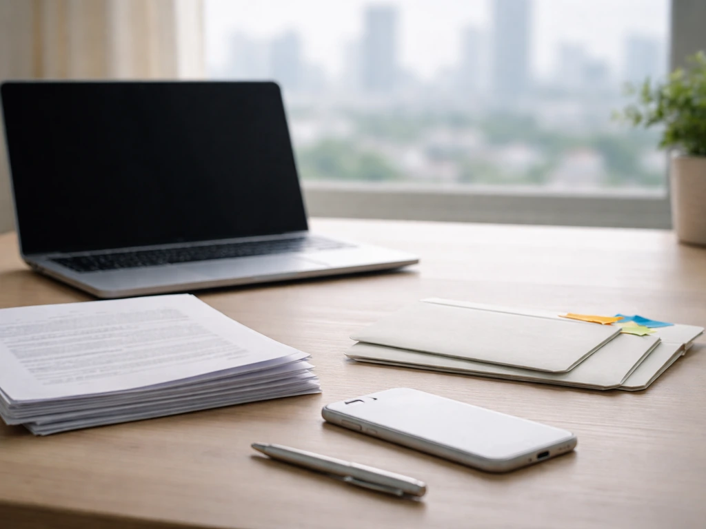 Minimal desk scene with laptop and scattered documents, symbolizing verification of net worth claims.