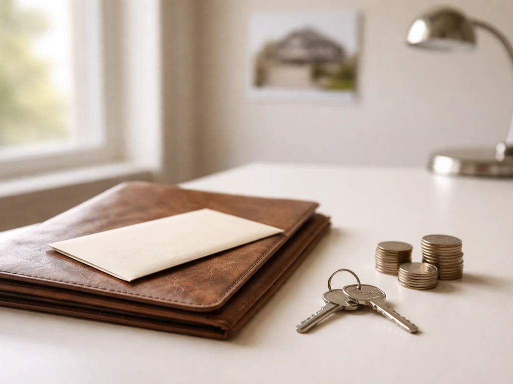 Minimal photo of a real estate folder and envelope beside a house key and coins, symbolizing assets minus liabilities.